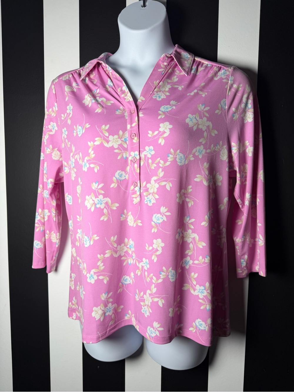 Charter Club Pink Floral Button-Neck 3/4 Sleeve Women’s Top SZ XL